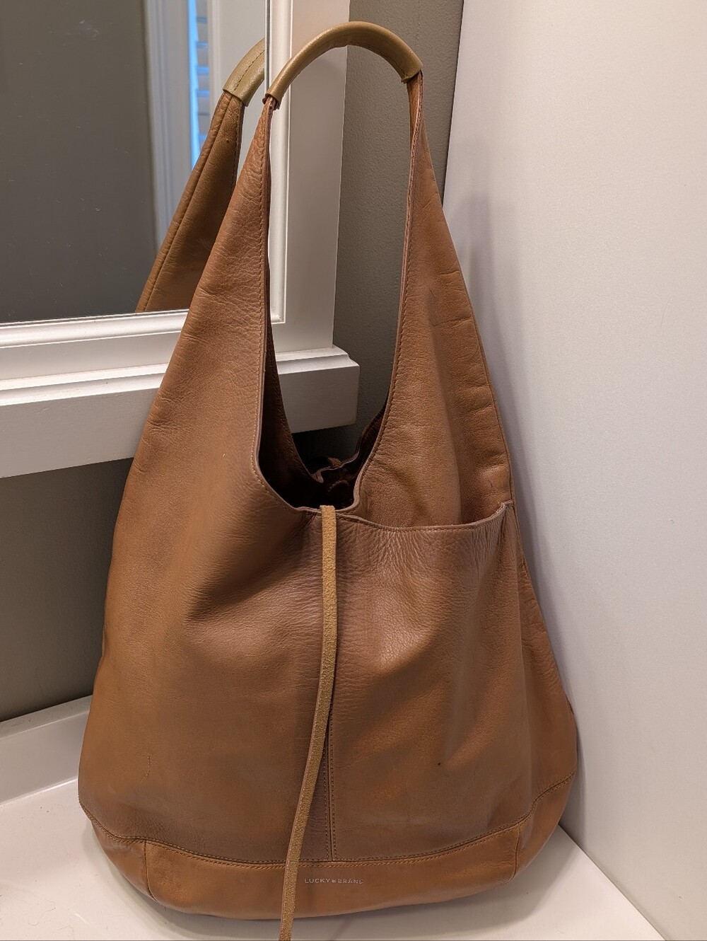 🤎 Vintage Lucky Brand Mia Classic Leather Hobo Shoulder Satchel Bag in Cognac - Picture 8 of 16
